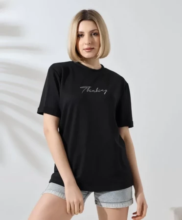 Unisex Bisiklet Yaka Baskılı Slim Fit T-Shirt - Siyah - 2