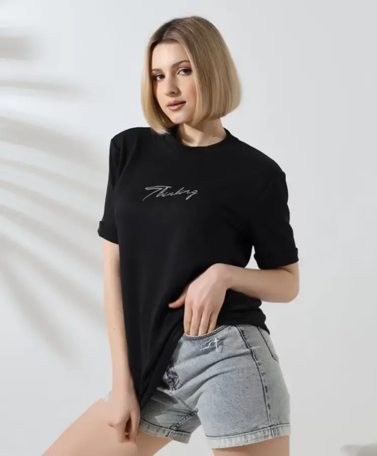 Unisex Bisiklet Yaka Baskılı Slim Fit T-Shirt - Siyah - 3