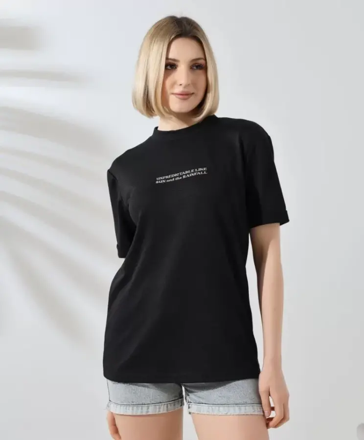 Unisex Bisiklet Yaka Baskılı Slim Fit T-Shirt - Siyah - 1