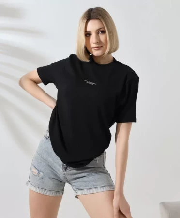 Unisex Bisiklet Yaka Baskılı Slim Fit T-Shirt - Siyah - 3