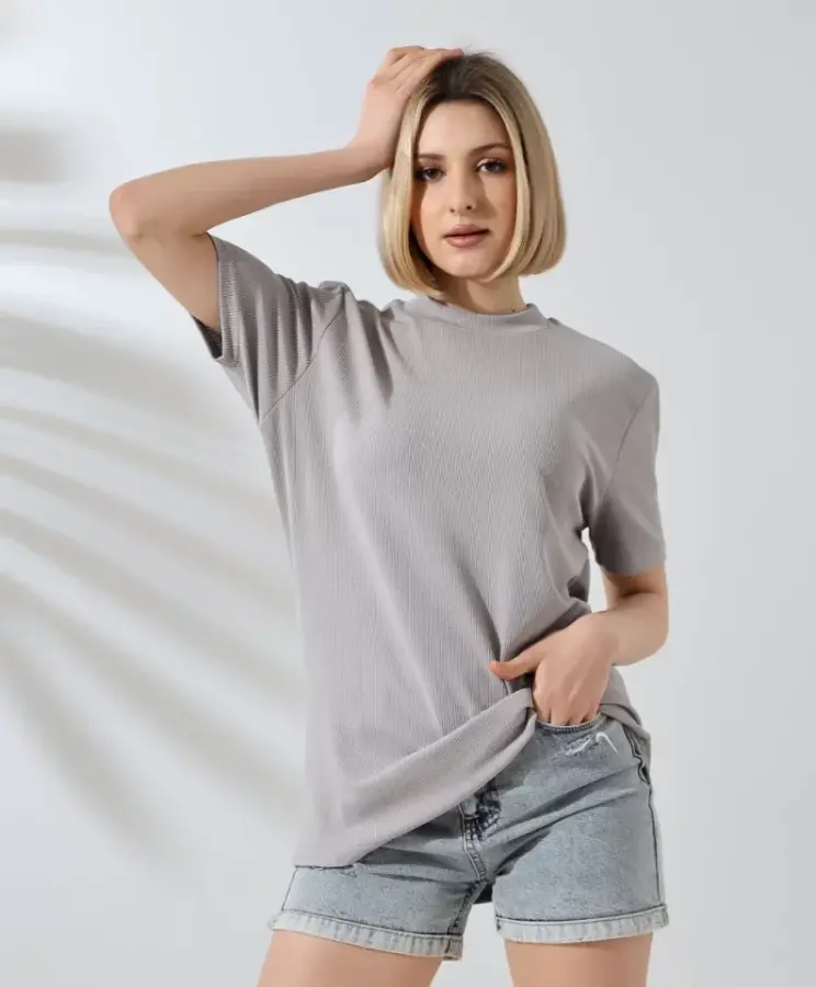 Unisex Bisiklet Yaka Slim Fit T-Shirt - Boyalı Gri - 3