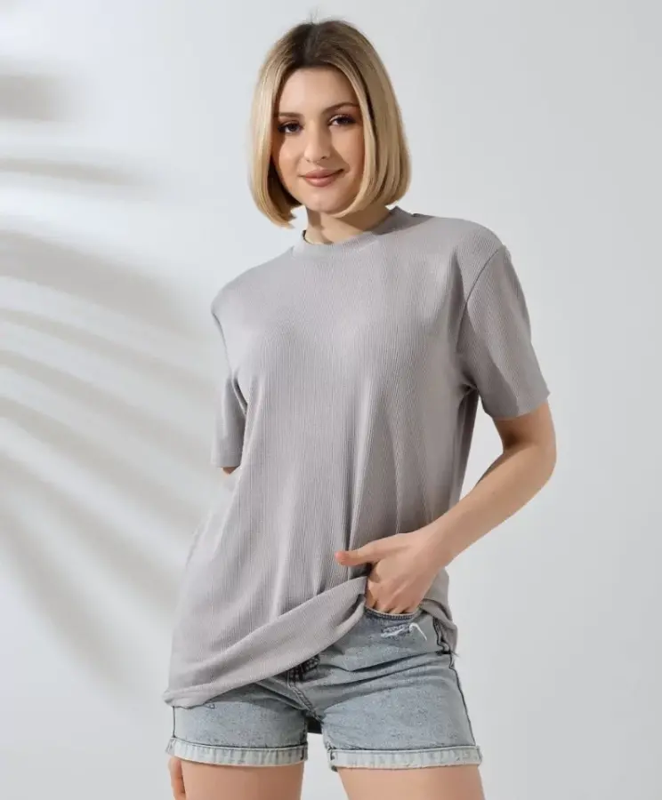 Unisex Bisiklet Yaka Slim Fit T-Shirt - Boyalı Gri - 4