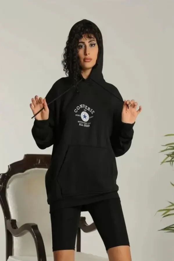 Unisex Kapüşonlu Üç İplik Oversize Baskılı Sweatshirt - Siyah - 1