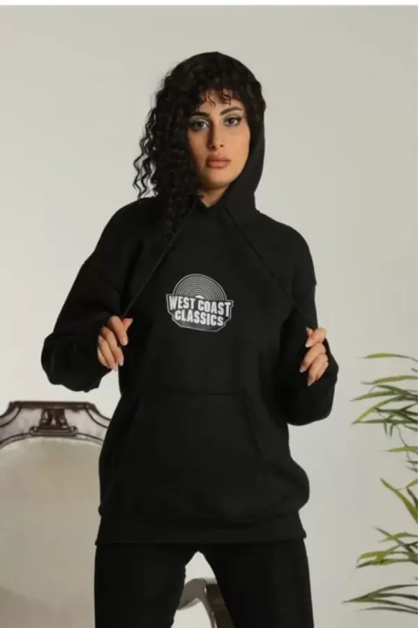 Unisex Sırt Baskılı Kapüşonlu Üç İplik Oversize Sweatshirt - Siyah - 1