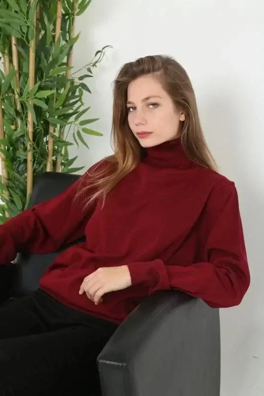 Unisex Tam Boğazlı Balıkçı Yaka Dokuma Triko - Bordo - 3