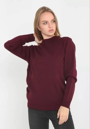 Unisex Uzun Kol Biskilet Yaka Dokuma Triko - Bordo - 1