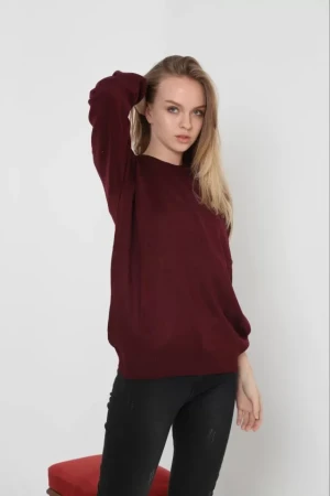 Unisex Uzun Kol Biskilet Yaka Dokuma Triko - Bordo - 2