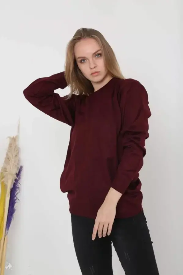 Unisex Uzun Kol Biskilet Yaka Dokuma Triko - Bordo - 3