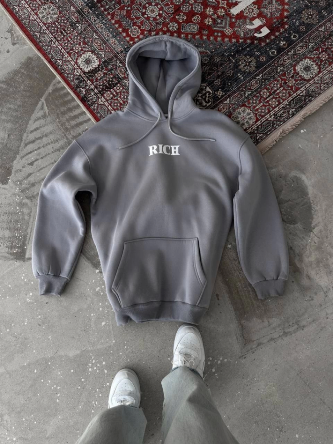 Uzun Kol Kapşonlu Göğüs Baskılı SweatShirt - Gri - 2