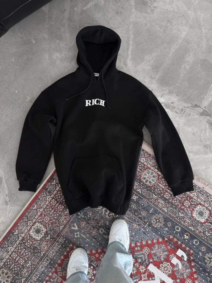 Uzun Kol Kapşonlu Göğüs Baskılı SweatShirt - Siyah - 2