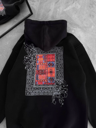 Uzun Kol Kapşonlu Ön Ve Arka Baskılı SweatShirt - Siyah - 2