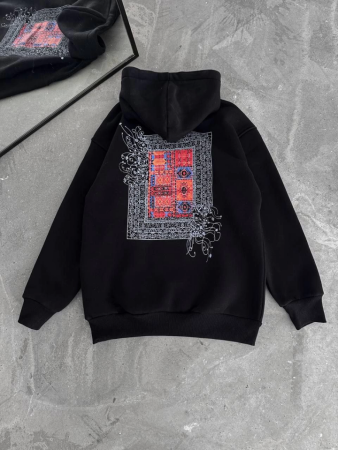 Uzun Kol Kapşonlu Ön Ve Arka Baskılı SweatShirt - Siyah - 4