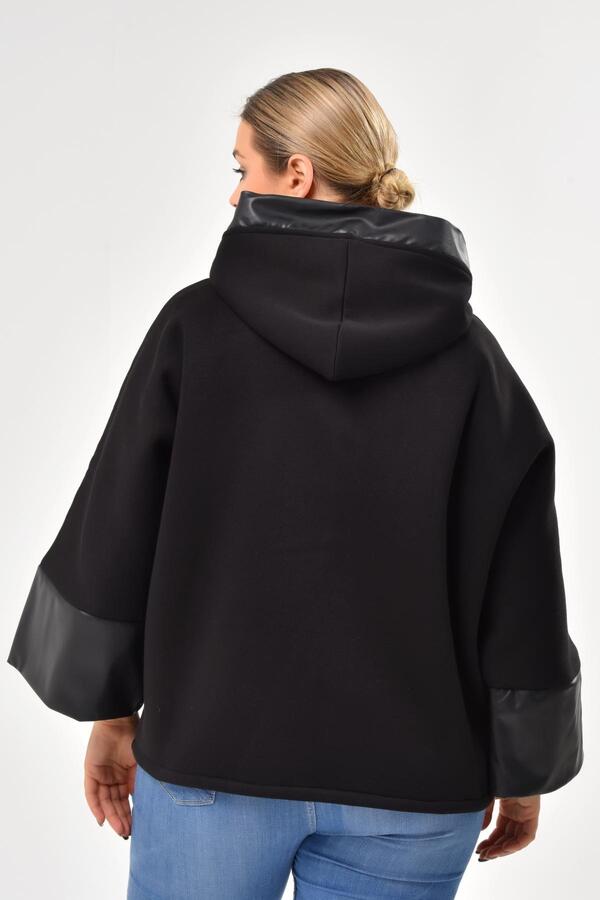 Plus Size Coat with Wide Leather Cuffs Black - 5