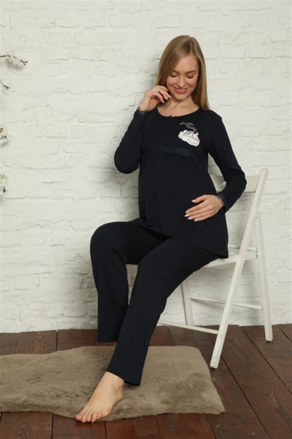 Women's Pregnant Postpartum Navy Blue Pajama Set 45201 - 2