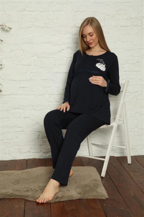 Women's Pregnant Postpartum Navy Blue Pajama Set 45201 - 4