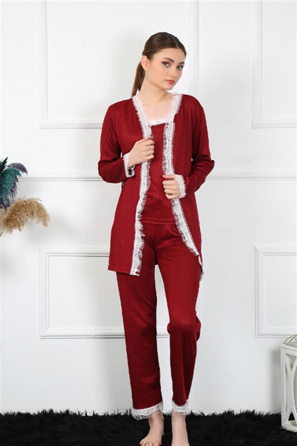 Women's 3-Piece Claret Red Dressing Gown Set 16108 - 5