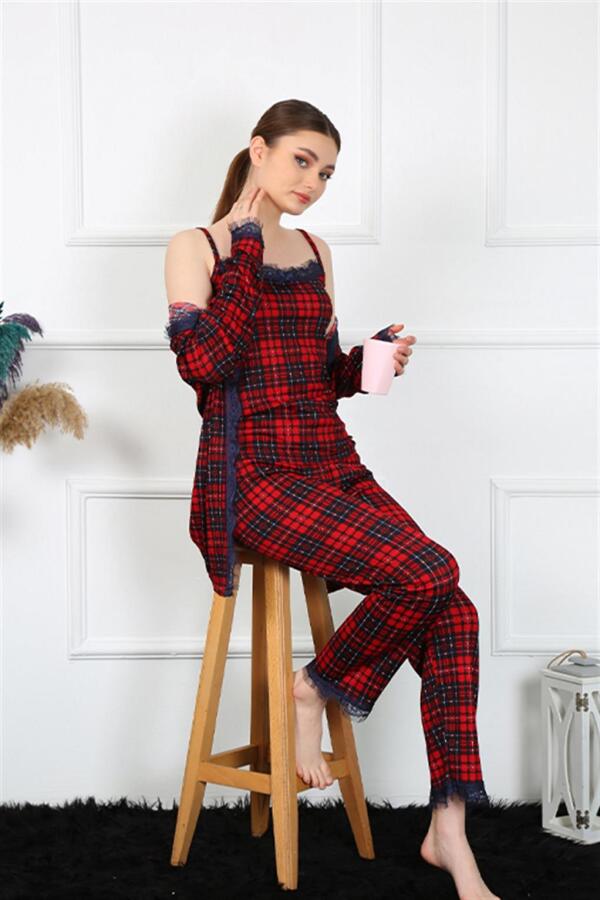 Women's 3-Piece Plaid Dressing Gown Set 16106 - 4