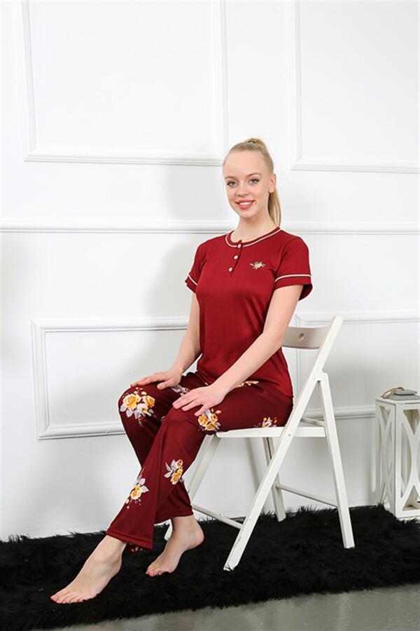 Women's Claret Red Short Sleeve Pajama Set 20388 - 3