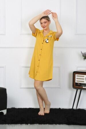 Women's Cotton Combed Short Sleeve Buttoned Yellow Tunic Nightgown 13109 - 3