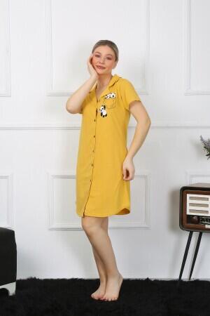 Women's Cotton Combed Short Sleeve Buttoned Yellow Tunic Nightgown 13109 - 4