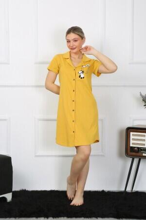 Women's Cotton Combed Short Sleeve Buttoned Yellow Tunic Nightgown 13109 - 6