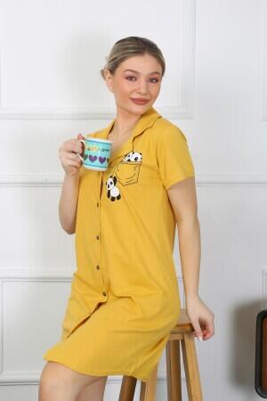 Women's Cotton Combed Short Sleeve Buttoned Yellow Tunic Nightgown 13109 - 7