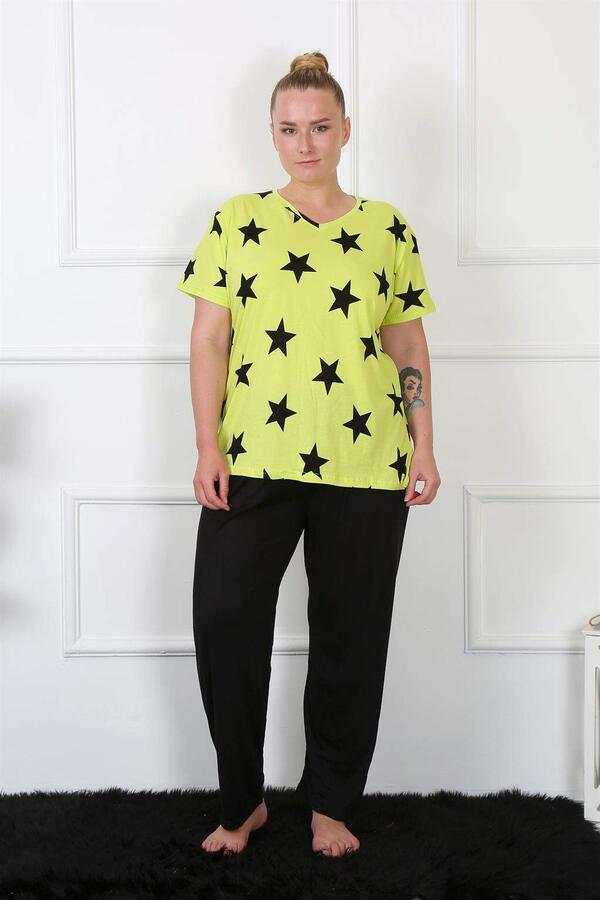 Women's Large Size Combed Cotton Neon Green Short Sleeve Pajama Set 202206 - 1