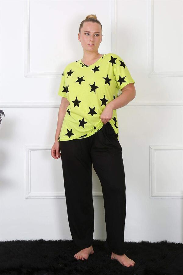 Women's Large Size Combed Cotton Neon Green Short Sleeve Pajama Set 202206 - 2