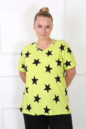 Women's Large Size Combed Cotton Neon Green Short Sleeve Pajama Set 202206 - 4