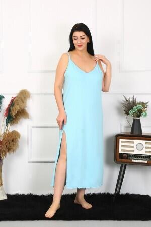 Women's Large Size Rope Strap Cotton Blue Long Nightgown 12100 - 1