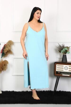 Women's Large Size Rope Strap Cotton Blue Long Nightgown 12100 - 3