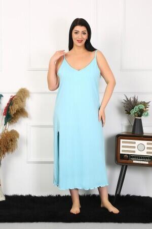 Women's Large Size Rope Strap Cotton Blue Long Nightgown 12100 - 4