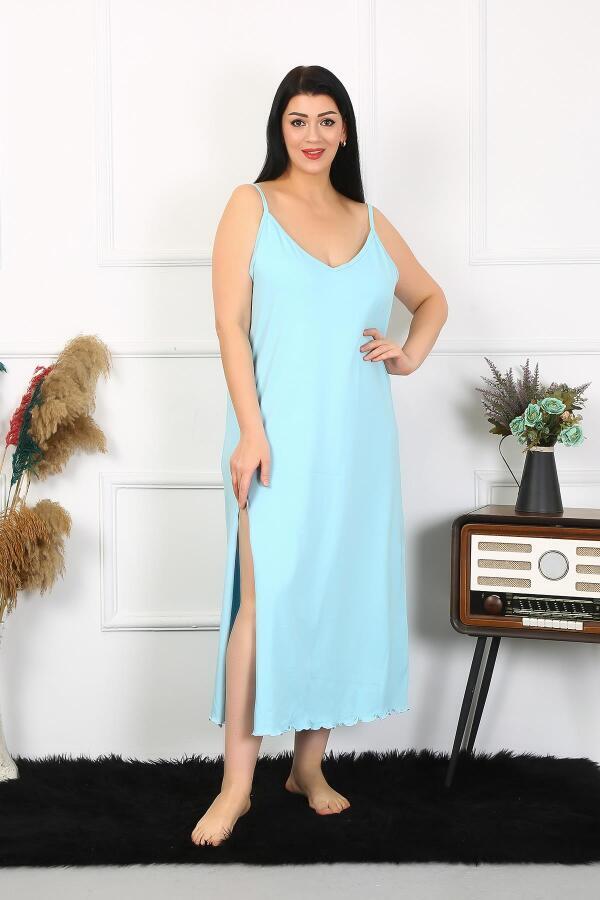 Women's Large Size Rope Strap Cotton Blue Long Nightgown 12100 - 5