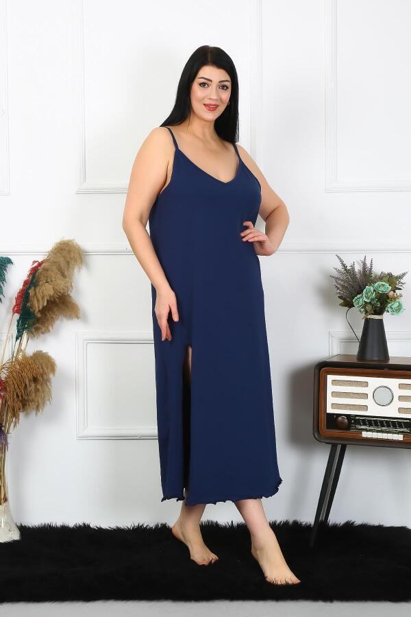 Women's Large Size Rope Strap Cotton Navy Blue Long Nightgown 12100 - 1