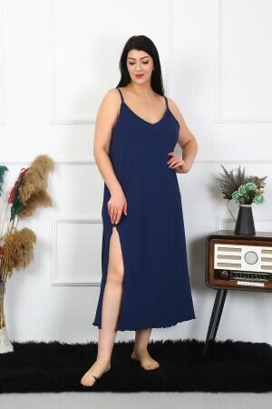 Women's Large Size Rope Strap Cotton Navy Blue Long Nightgown 12100 - 3