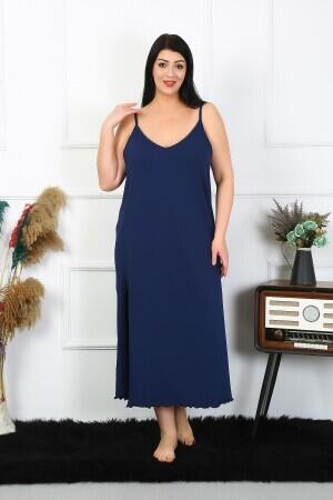 Women's Large Size Rope Strap Cotton Navy Blue Long Nightgown 12100 - 4