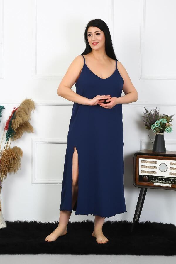 Women's Large Size Rope Strap Cotton Navy Blue Long Nightgown 12100 - 5