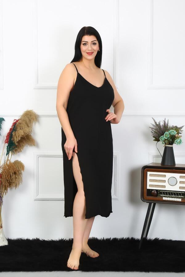 Women's Large Size Rope Strap Cotton Black Long Nightgown 12100 - 1