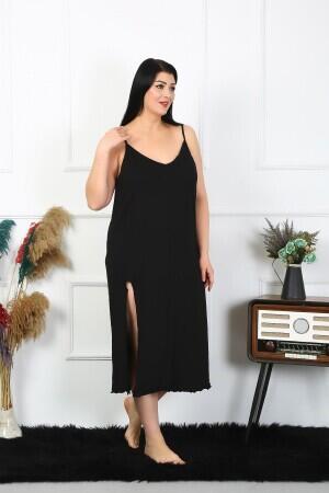 Women's Large Size Rope Strap Cotton Black Long Nightgown 12100 - 2