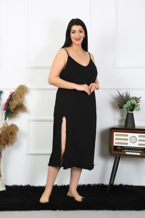 Women's Large Size Rope Strap Cotton Black Long Nightgown 12100 - 4