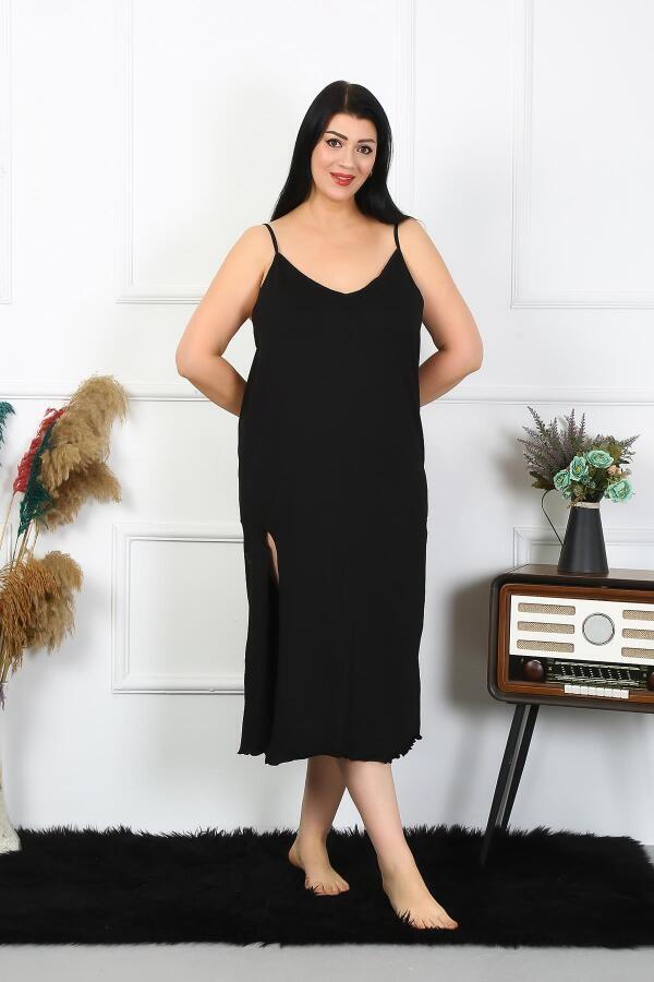 Women's Large Size Rope Strap Cotton Black Long Nightgown 12100 - 5