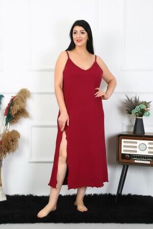 Women's Large Size Rope Strap Cotton Claret Red Long Nightgown 12100 - 1