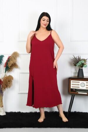 Women's Large Size Rope Strap Cotton Claret Red Long Nightgown 12100 - 3