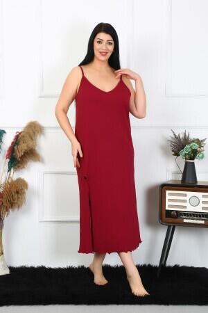 Women's Large Size Rope Strap Cotton Claret Red Long Nightgown 12100 - 4