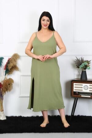 Women's Large Size Rope Strap Cotton Khaki Long Nightgown 12100 - 1