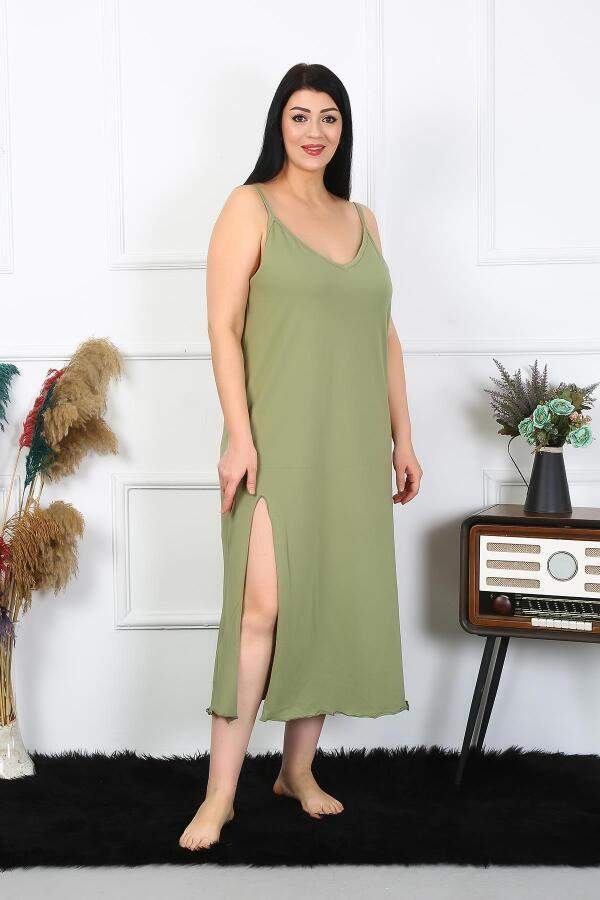 Women's Large Size Rope Strap Cotton Khaki Long Nightgown 12100 - 2