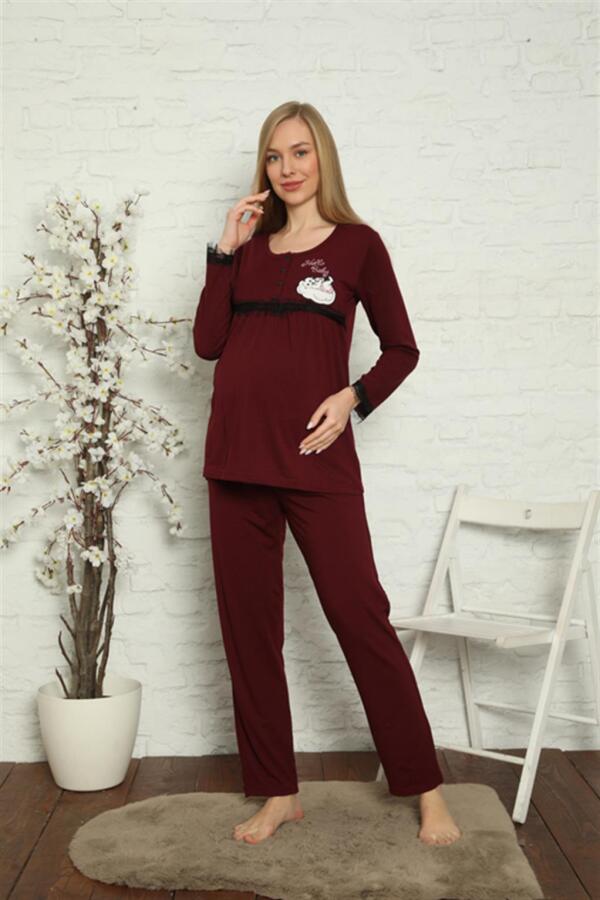 Women's Pregnant Maternity Claret Red Pajama Set 45201 - 6