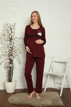 Women's Pregnant Maternity Claret Red Pajama Set 45201 - 9