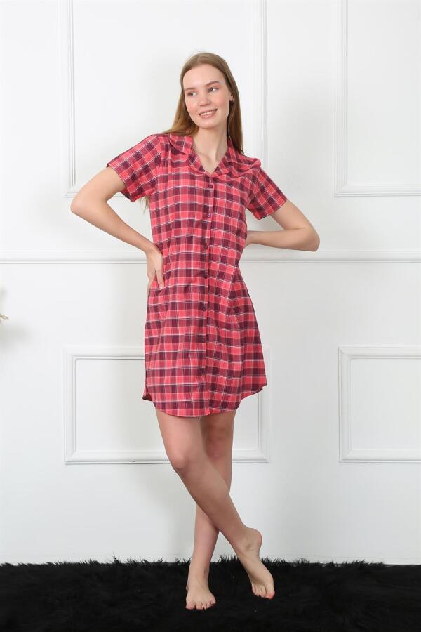 Women's Woven Fabric Front Buttoned Red Tunic Nightgown 1030 - 1