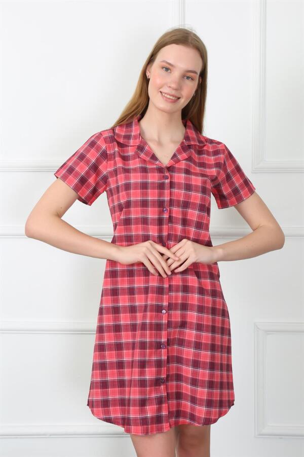 Women's Woven Fabric Front Buttoned Red Tunic Nightgown 1030 - 2